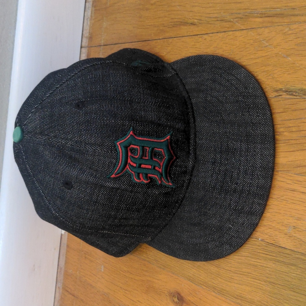 New Era Black Denim Fitted 59Fifty Hat, Embroidered Detroit Logo red and green